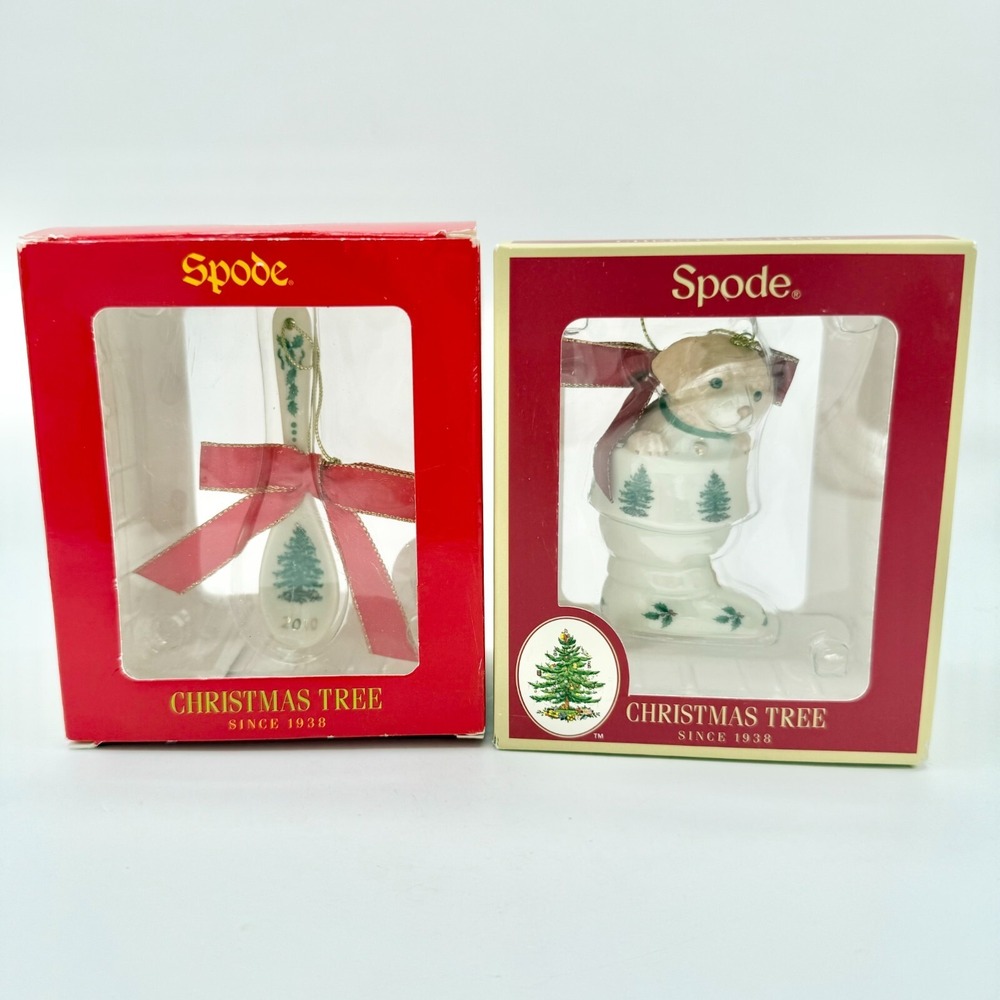 Spode Christmas Tree Ornaments ~ 2010 Spoon & Puppy in Stocking NIB Set of 2
